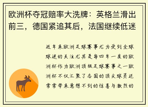 欧洲杯夺冠赔率大洗牌：英格兰滑出前三，德国紧追其后，法国继续低迷