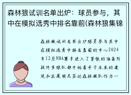 森林狼试训名单出炉：球员参与，其中在模拟选秀中排名靠前(森林狼集锦)