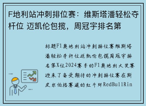 F地利站冲刺排位赛：维斯塔潘轻松夺杆位 迈凯伦包揽，周冠宇排名第