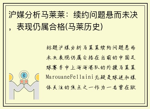 沪媒分析马莱莱：续约问题悬而未决，表现仍属合格(马莱历史)
